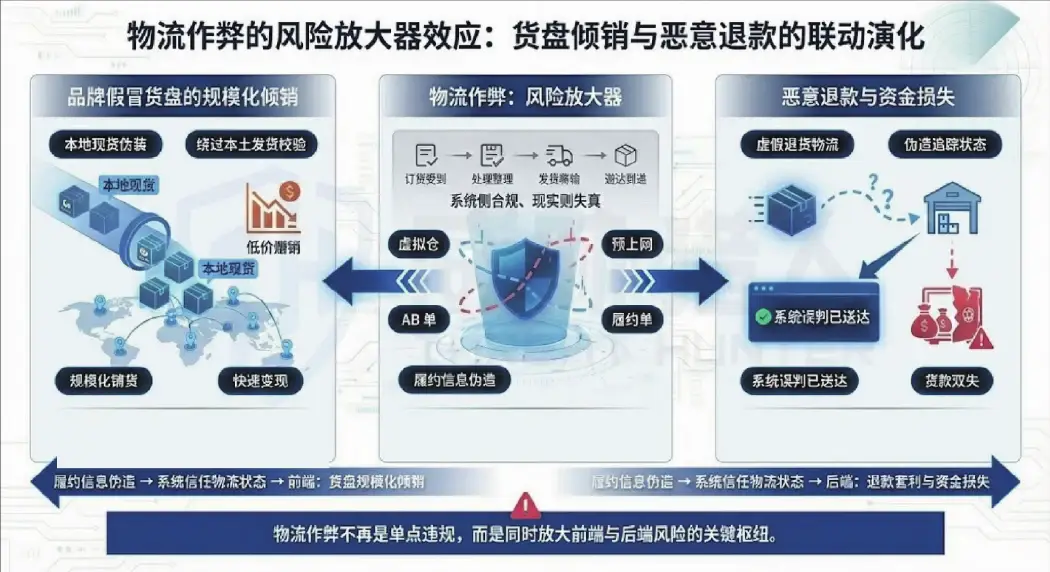 物流作弊放大品牌假冒货盘和恶意退款风险的信息图